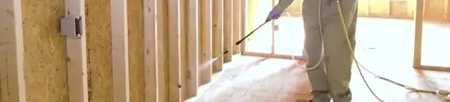 Termite treatment technician applying spray along framing and unfinished walls in Seattle, WA